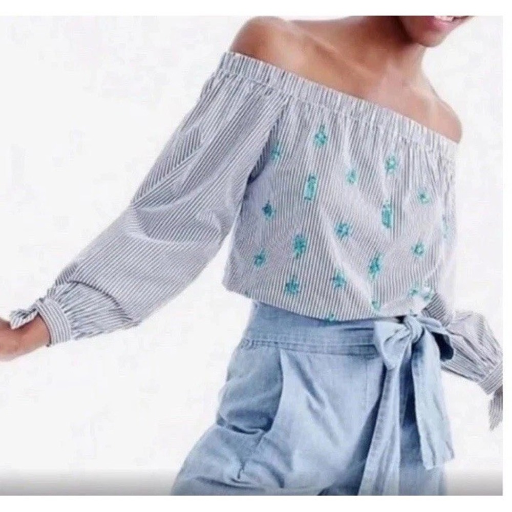 J.CREW EMBELLISHED OFF-THE-SHOULDER STRIPED TOP SZ 8 Cotton Bejeweled Party Glam